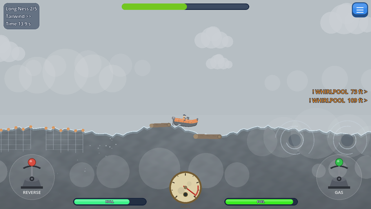 Foggy sea with fishing nets, drift logs and whirlpool warnings