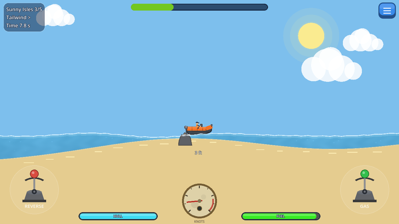 Boat leaving a sandy beach under a sunny sky
