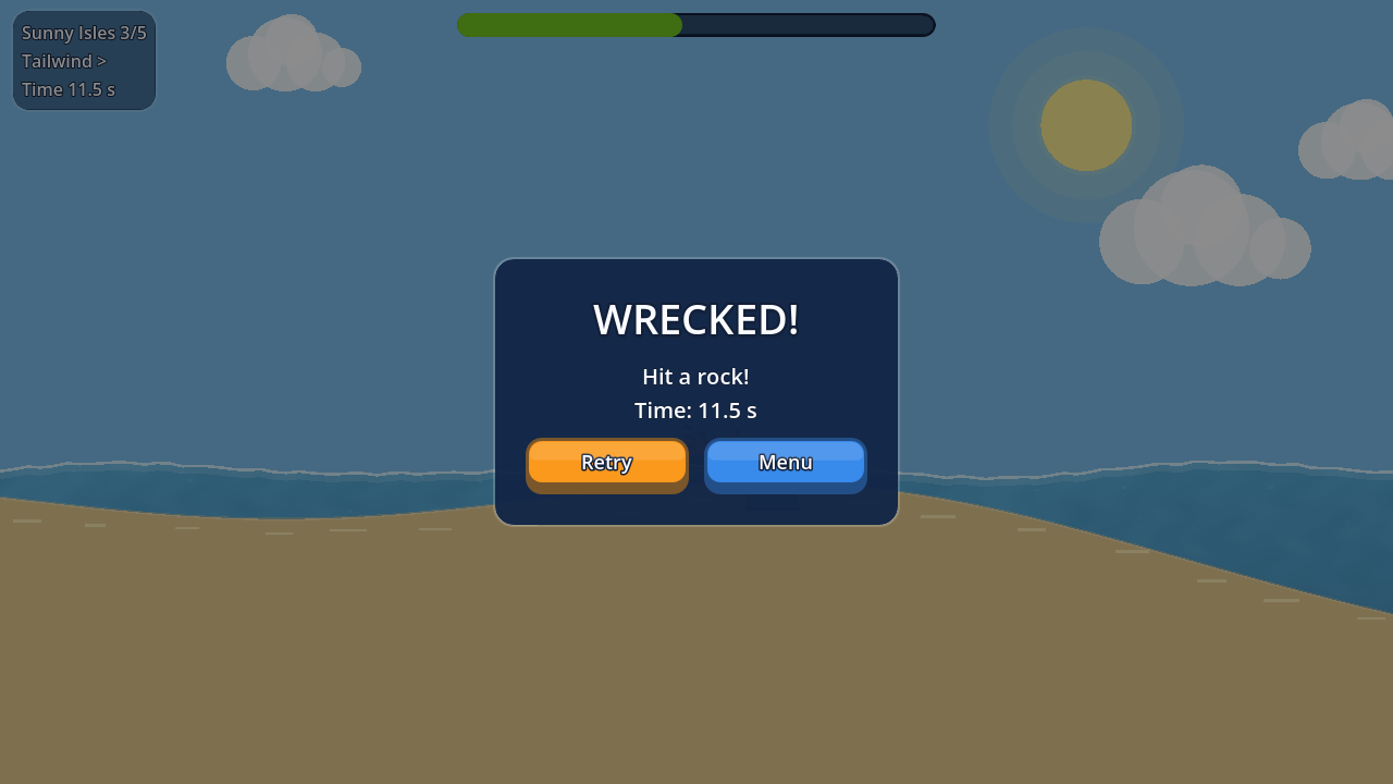 The WRECKED! dialog after hitting a rock